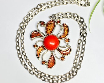 Vintage necklace pendant red enamel on chain silver metal 1970s French design