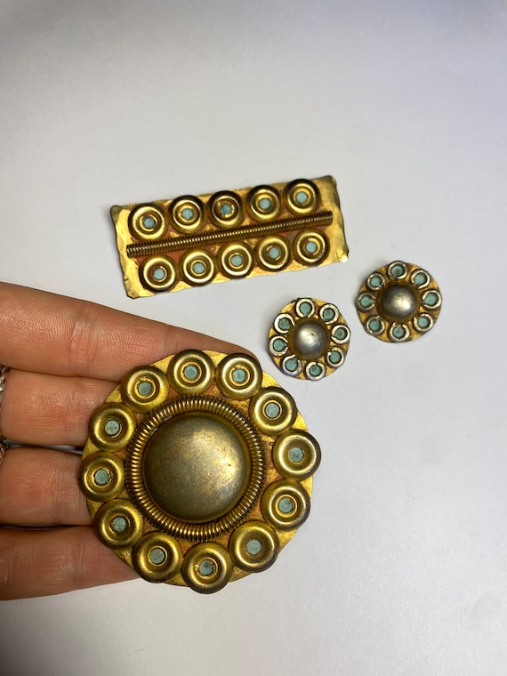 Parure Vintage Broche & Clips Métal Doré Avec Résine Noir Et Blanc - Années 70/80