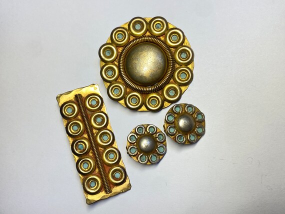 Paire De Clips Vintage Bronze Doré Et émail Noir - Bijou Français, Très Bon état