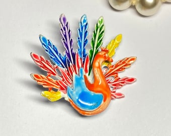 1970s - Vintage peacock brooch rainbow metal hand painted retro jewelry Pittsbroc gift lgbt color