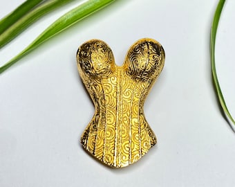 Pins vintage 1980s French haute couture corset shape of woman matte gold metal, Christian Lacroix style jewelry gifts Pittsbroc