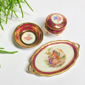 Porcelain Limoges miniature burgundy scene gallant flowers France collection showcase flowers Pittsbroc gift vintage red
