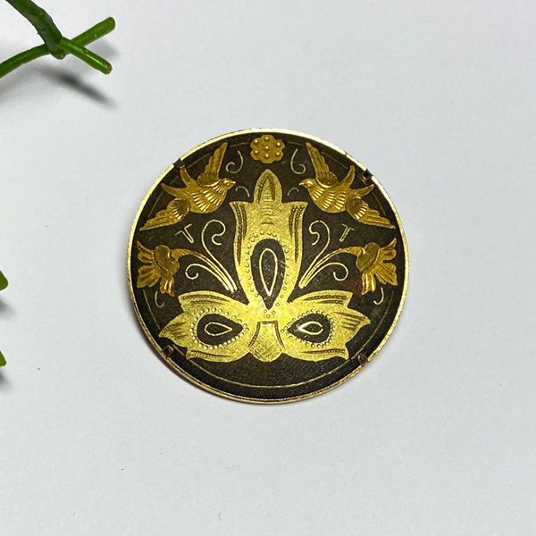 Damascène broche vintage oiseau Tolède doré et noir bijoux ancien espagnol 1960s Pittsbroc