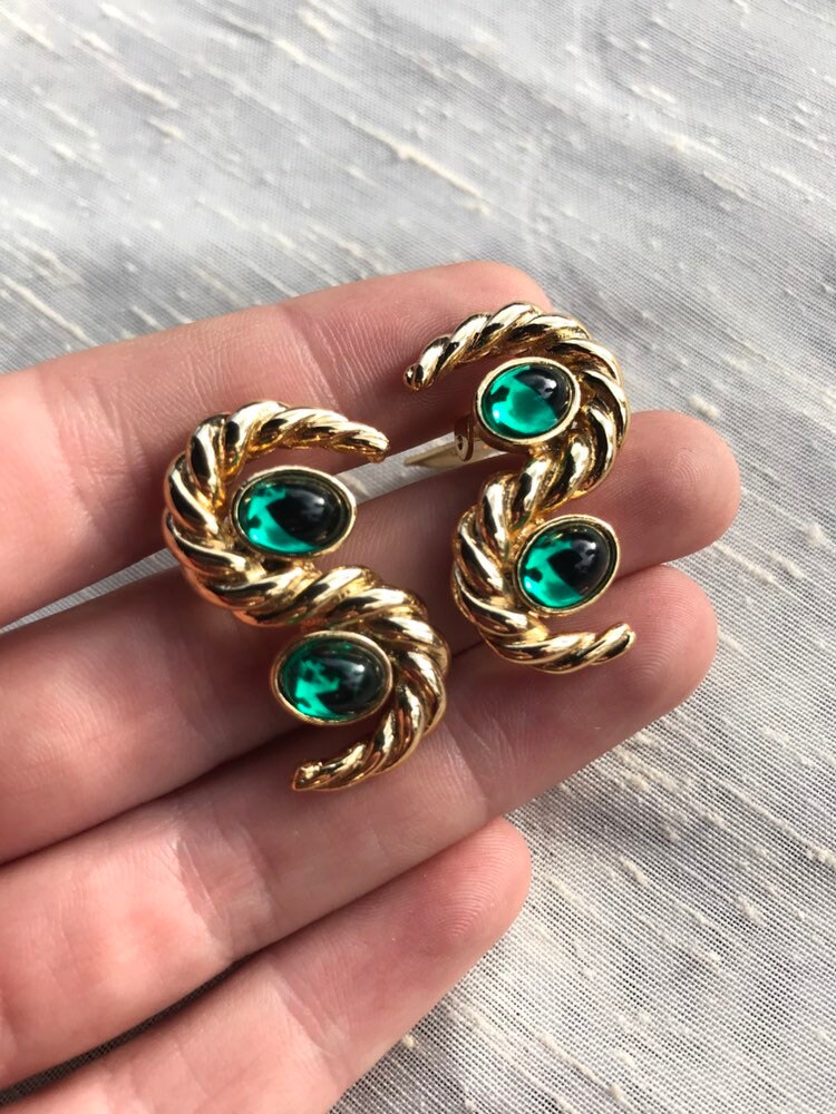 Paire De Boucles D'oreilles Clips Vintage ORENA PARIS, Dorées Avec Fleurs Verte Et Bleue - Bon état