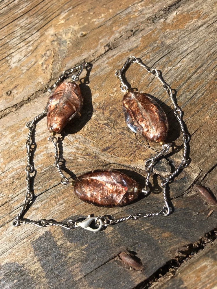 Collier De Perles Ancien En Verre Murano Tons Marron Doré | Laiton | Vintage - Occasion En Bel état
