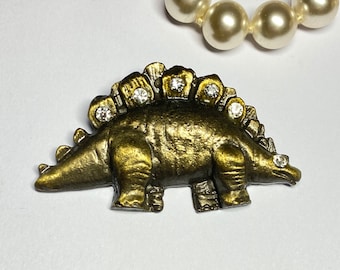 1980s - vintage stegosaurus Dinosaur brooch stegausorus bronze color and rhinestone jewelry gift Pittsbroc