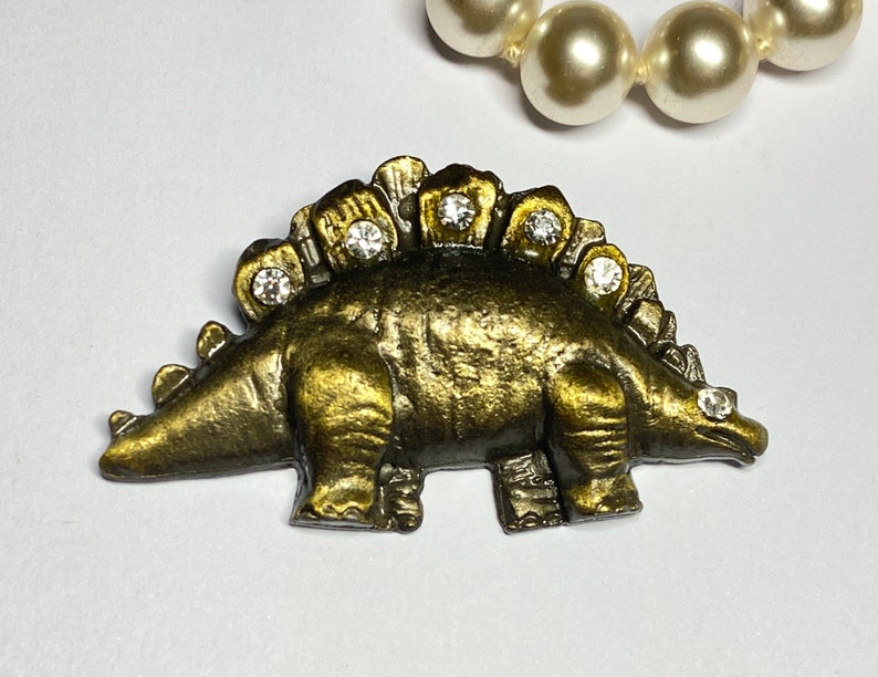 1980s vintage stégosaure Dinosaure broche stegausorus couleur bronze et strass cadeau bijoux Pittsbroc image 1