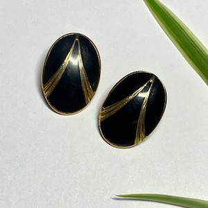 1980s - Cold enamel clip earrings gold brass black and white vintage French Pittsbroc jewelry gift