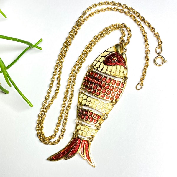 1980s - Collier vintage poisson articuler en laiton doré émaillé rouge et blanc France designer Pittsbroc cadeau bijoux