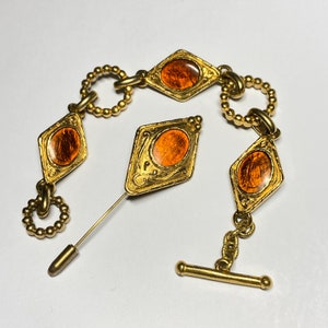 Bracelet, vintage brooch 1980s Jacques Esterel golden orange enamel vintage jewelry Pittsbroc French designer gift set
