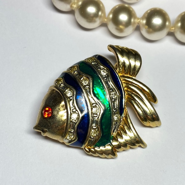 1990s - Broche poisson vintage émail bleu et vert strass vintage bijoux ancien rétro cadeau Pittsbroc