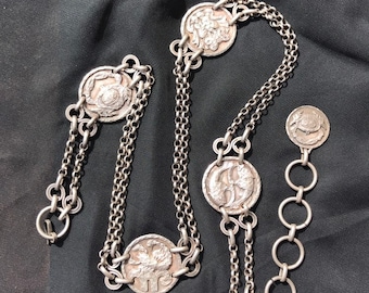 Registered design French vintage zodiac jewelry belt 1970s tinplate alloy jewelry chain