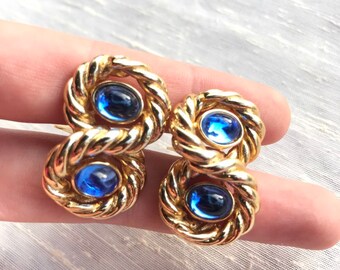 Boucles D'oreilles Clip Vintage - Couleur Or Et Perles Bleues - Bijou Ancien 3282
