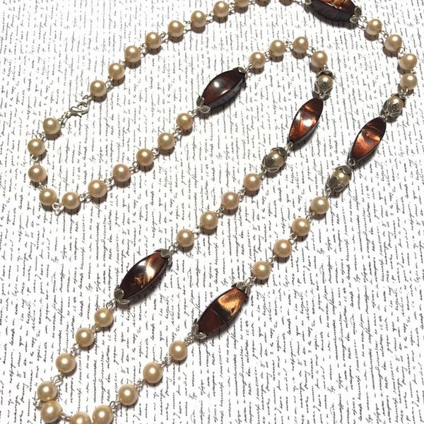 PITTSBROC - Collier création upcycle perles long sautoir verre irisé vintage et lucite marron marbré  style chanel collier mariage bijoux