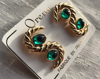 Orena Paris green golden swirl clip earrings made in France vintage jewelry