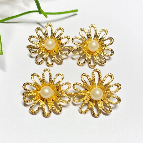 1960s - Barrettes vintage fleurs doré perles filigrane pâquerette accessoires cheveux coiffures métal france bijoux Pittsbroc rétro