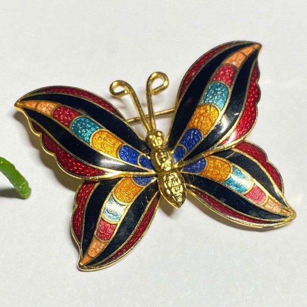 Broche papillon vintage émaillée 1990s doré et coloré Pittsbroc bijoux cadeaux