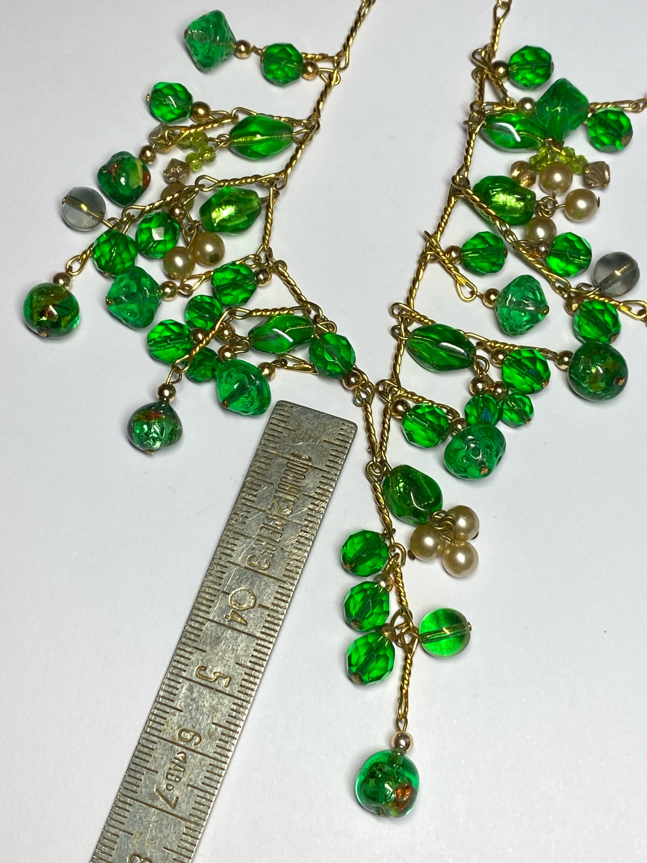 Collier Vintage Perles De Verre De Murano Vert Et Feuille D'or - Bijou Ancien - Parfait état