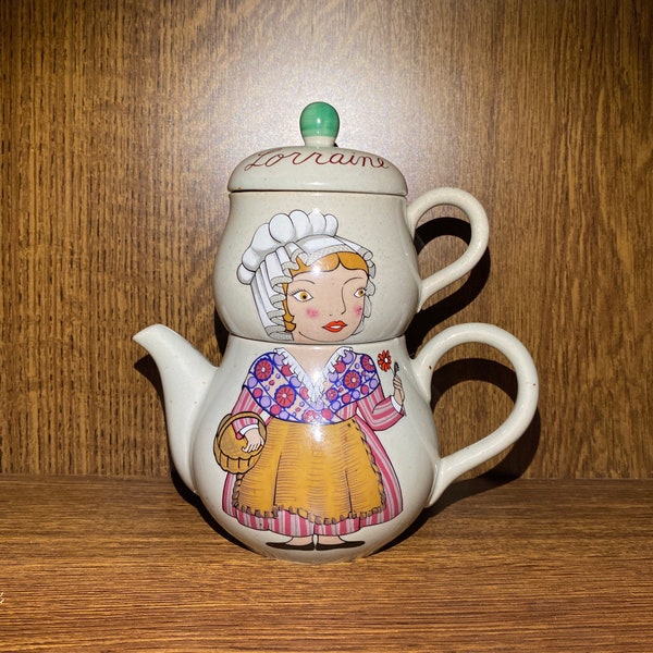 Adorable Grès vintage théière et tasse La Lorraine collection égoïste art de la table décoration kitsch france Pittsbroc