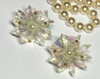 Boucles d'oreilles clips 80s fleurs paillettes perles plastiques transparence bulles de savon bijoux