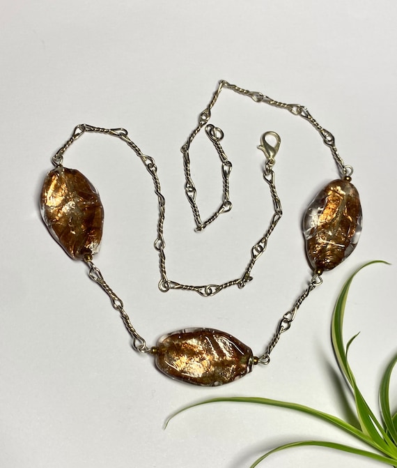 Collier Vintage En Perles De Murano Dorées - Long Collier Ancien, Occasion
