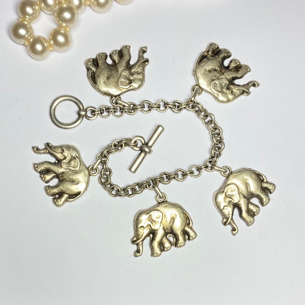 Bracelet vintage breloques éléphants argenté 1980s Dam designer maille forçat cadeaux bijoux Pittsbroc