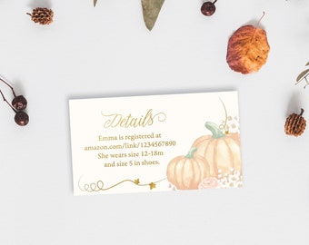 Pumpkin and Flowers Insert Card for an Our Little Pumpkin is Turning One Birthday Party / Floral Pumpkin DIGITAL Printable Insert Card