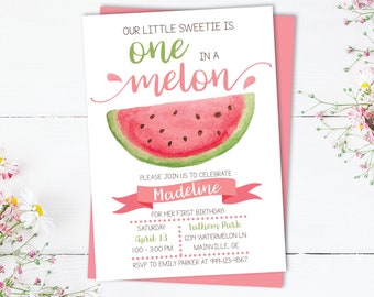 One in a Melon Watercolor Watermelon First Birthday Invitation (Digital File)