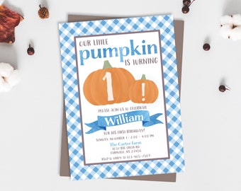 Pumpkin 1st Birthday Invitation: Blue Gingham, Fall Farm (Digital File)