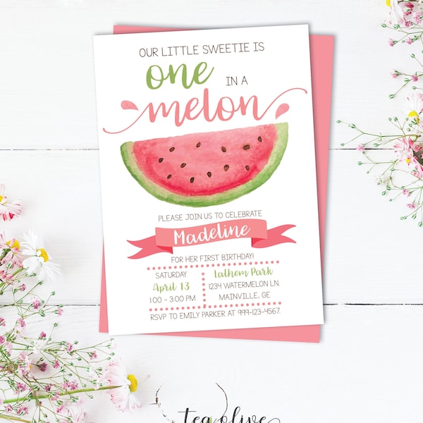 Watermelon Birthday Party Invitation / One in a Melon Birthday Invite / Watercolor Girl's First Birthday Invitation / Fruit Birthday Invite