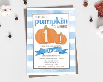 May include: A blue and white striped invitation with a watercolor effect. The invitation says "Our little pumpkin is turning 1!" and features a large orange pumpkin with the number 1 on it. The invitation is for Ethan's first birthday party on Saturday, October 24th from 1:00 to 3:00 PM at The Stuart Home. The invitation also includes an RSVP number.