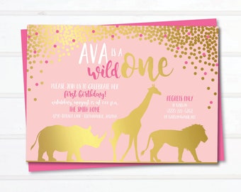 Pink Safari Birthday Invitation: Wild One, Gold Animals (Digital)