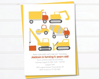 May include: Construction themed birthday party invitation with yellow, orange, and gray construction vehicles. The text reads "Grab your hard hats and hit the road! Jackson is turning 4 years old!"  You're invited to celebrate his birthday Saturday, August 24, 2019 2:00-4:00 PM Longview Park 1234 Longview Avenue Concreteville, OH RSVP to Cara at 777-123-4567 tea olive design shop