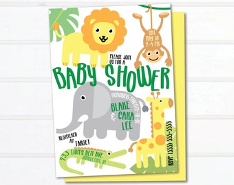 May include: A baby shower invitation with a jungle theme. The invitation features a lion, monkey, elephant, giraffe, and alligator. The text on the invitation reads "Baby Shower" and includes the date, time, and RSVP information.