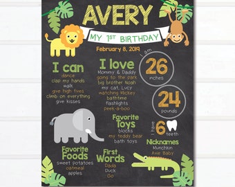 May include: Avery's 1st birthday chalkboard sign with jungle theme. Includes a lion, monkey, elephant, and alligator illustrations. The sign lists Avery's favorite things, foods, and first words. It also states Avery is 26 inches tall and weighs 24 pounds.