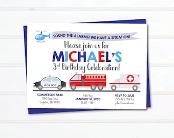 Emergency Vehicle Birthday Invitation: Fire Truck, Police Car (Digital File)