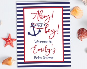 Könnte beinhalten: Eine blau-weiß gestreifte Karte mit rotem Text, der "Ahoy! Es ist ein Junge!" und "Willkommen zu Emilys Babyparty" lautet. Es ist ein Anker mit einem roten Seil drumherum.