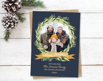 Watercolor Christmas Photo Card: Mustard Gold Wreath (Digital)