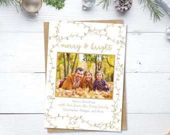Christmas Lights Photo Card / Gold and Neutral DIGITAL Holiday Card / Custom Printable Family Picture Card / Merry and Bright Christmas Card