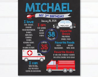 Emergency Vehicle Birthday Chalkboard Sign: Fire Truck, Police Car (Digital)
