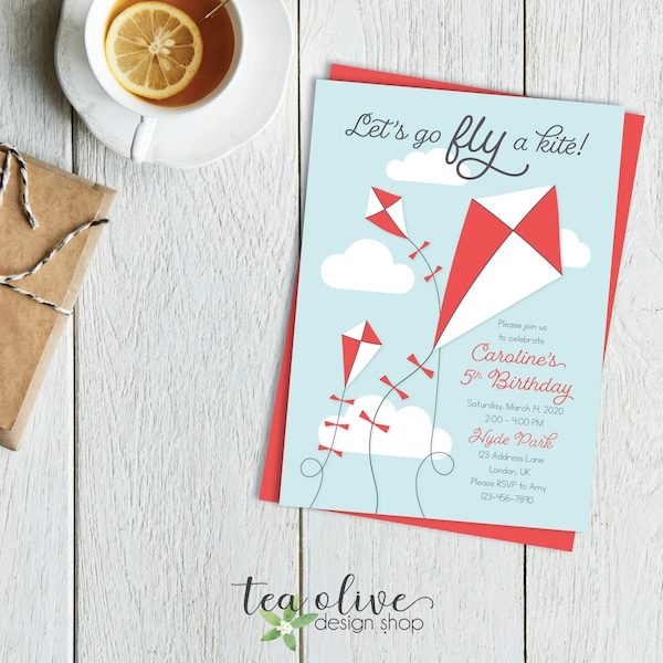 Kite Birthday Party Invitation / Park Birthday Invite / Let's Go Fly a Kite Girl's Birthday Invitation / DIGITAL Summer Birthday Invite