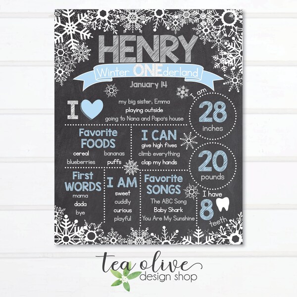 Winter ONEderland 1st Birthday Chalkboard Sign: Blue Snowflake Poster (Digital)