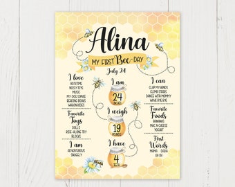 Bee First Birthday Sign / My First Bee Day Party Poster / Honey Bee Birthday Milestone Poster / DIGITAL Bee and Daisy Party Sign