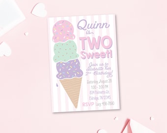 Ice Cream Birthday Party Invitation / Two Sweet DIGITAL Birthday Invite / Pastel Ice Cream Cone Invite / 2nd Birthday Party for Girl