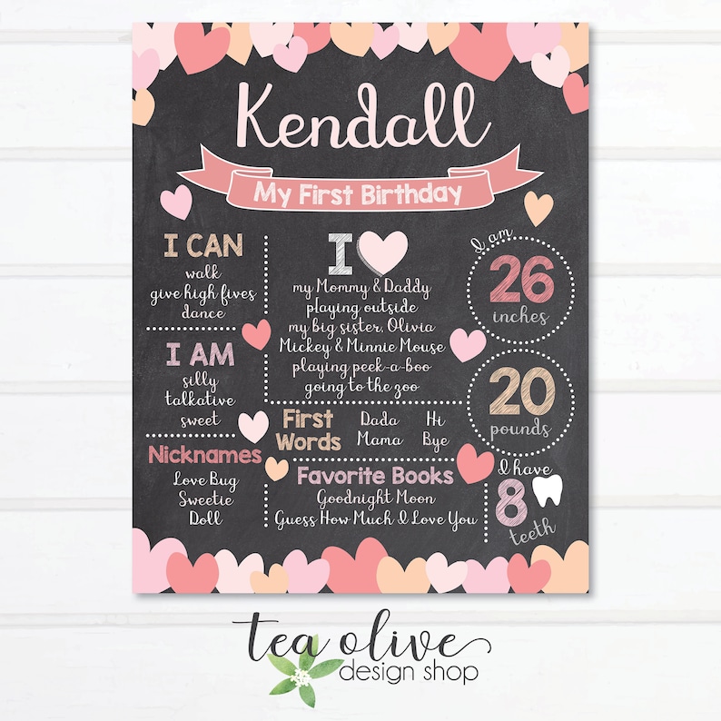 Valentine's Birthday Chalkboard Digital Sign / Valentine Hearts Birthday Poster / Pink Hearts Party Poster / First Birthday Board for Girl image 1