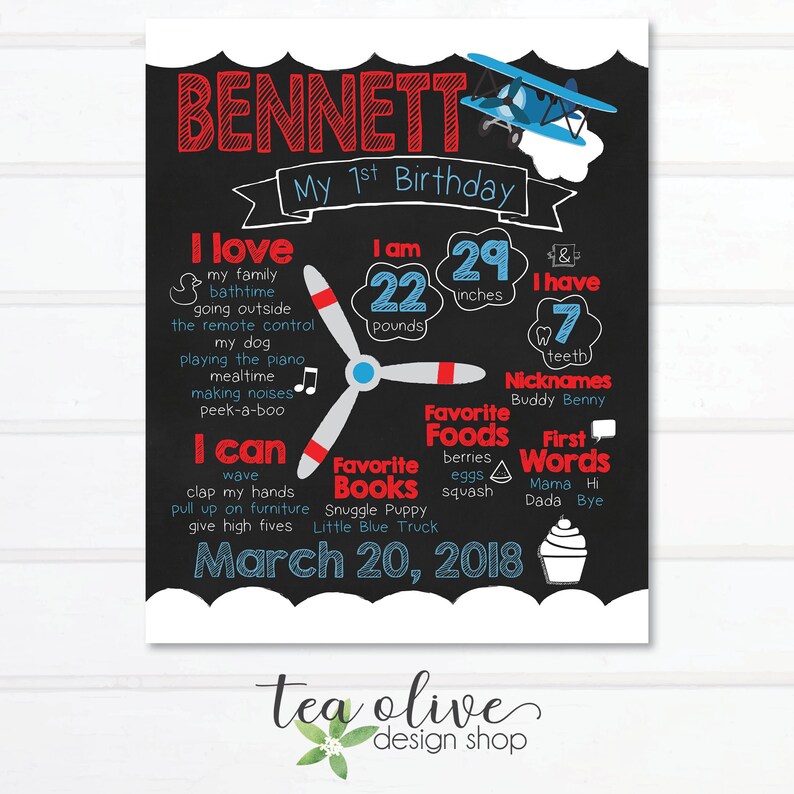 May include: A chalkboard style birthday poster for a boy named Bennett, celebrating his first birthday. The poster features a blue airplane, a red and blue propeller, and a cupcake. It includes details like his age, weight, height, favorite foods, books, and words. The date is March 20, 2018.
