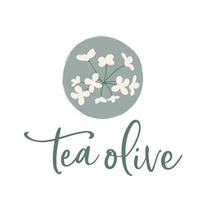 May include: A teal green circle with white stylized flowers inside. The text "tea olive" is written in cursive below the circle.