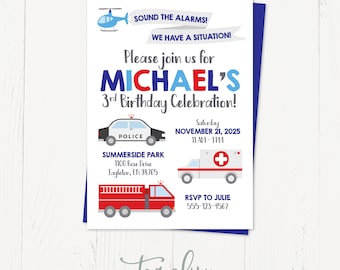 Emergency Vehicle Birthday Party Invitation: Fire Truck, Police Car (Printable)