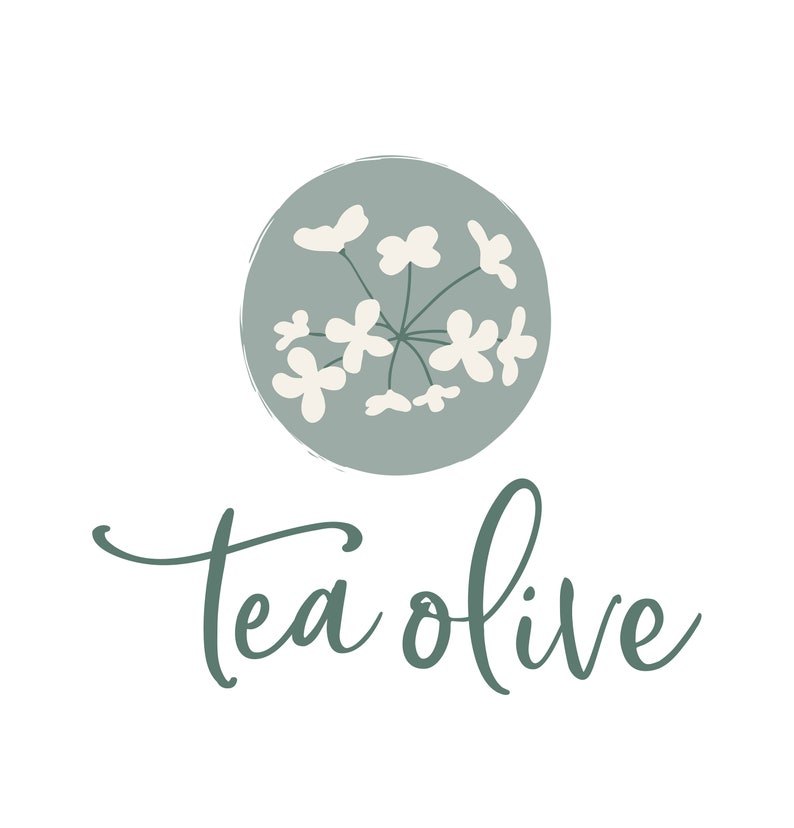 May include: A teal green circle with white stylized flowers inside. The text "tea olive" is written in cursive below the circle.