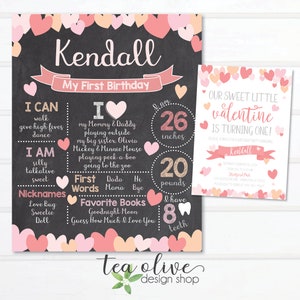 Valentine's Birthday Chalkboard Digital Sign / Valentine Hearts Birthday Poster / Pink Hearts Party Poster / First Birthday Board for Girl image 3